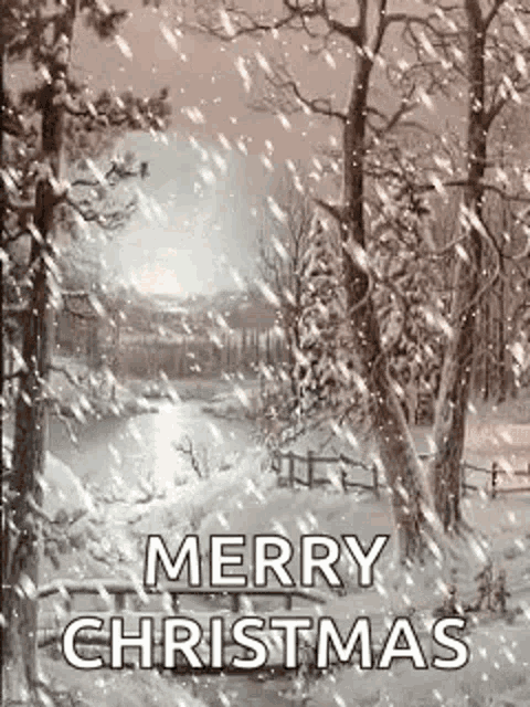 a merry christmas card with a snowy forest and trees covered in snow .