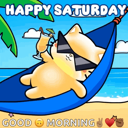 a cartoon cat wearing sunglasses is laying in a hammock on the beach holding a drink ..