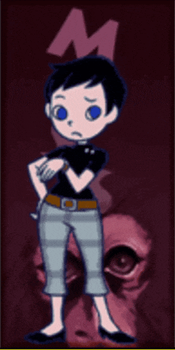 a cartoon character stands in front of a letter m