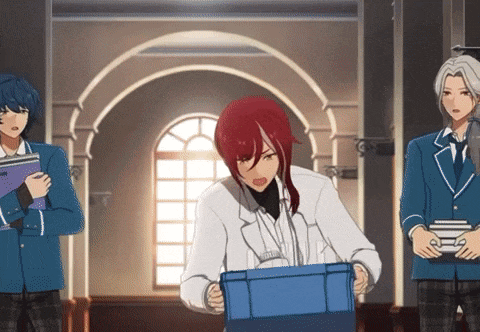 a group of anime characters are standing in a hallway and one of them is carrying a blue box
