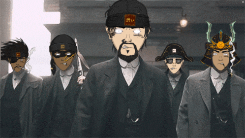 a group of men are standing in a line with one wearing a headband with chinese writing on it