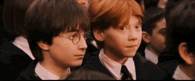 harry potter and ron weasley are sitting in a crowd of children