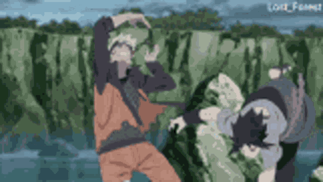 a cartoon of naruto and sasuke fighting each other in front of a waterfall