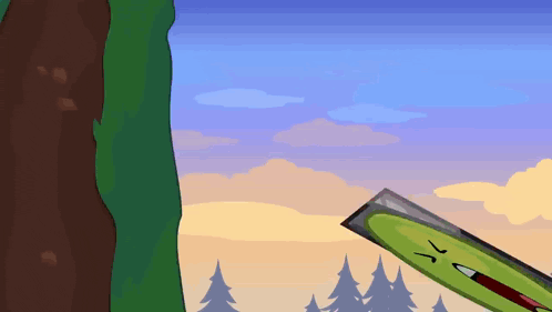 a cartoon drawing of a green object with a sword in its mouth