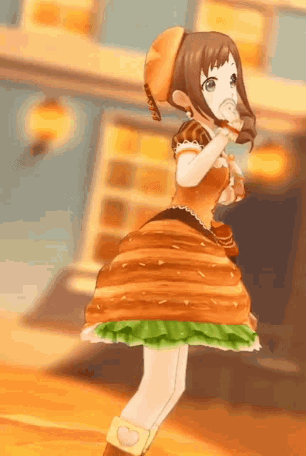 a girl in a dress that looks like a hamburger eating a hamburger