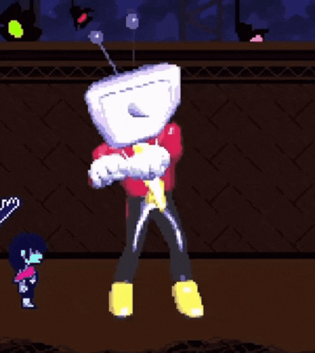 a pixel art of a person with a television head dancing