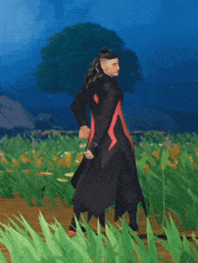 a man in a black and red outfit is walking through a field of grass