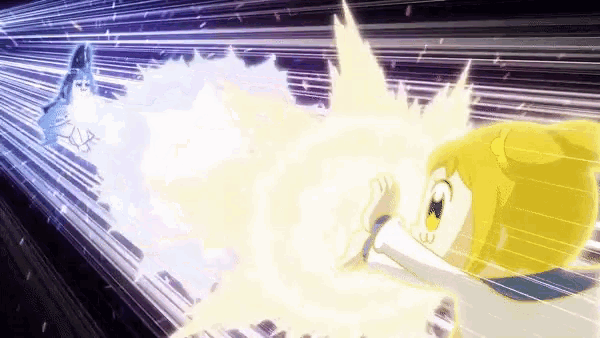 a cartoon character is flying through the air with a beam of light coming out of her hand .