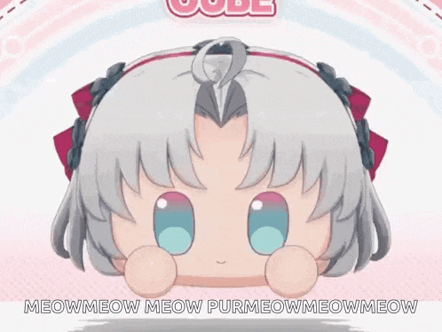 a cartoon girl with gray hair and blue eyes says meowmeow meow purmeowmeow