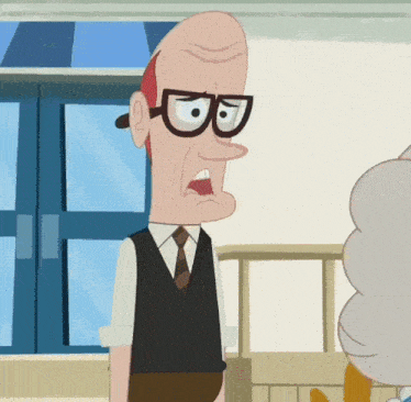 a cartoon character wearing glasses and a vest is making a face