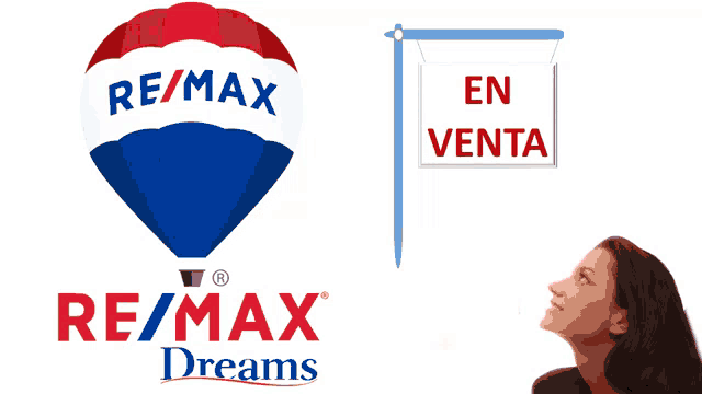 a woman looks up at a re/max dreams logo