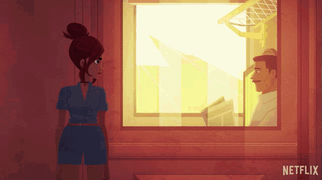a cartoon of a man and a woman looking out a window with netflix written on the bottom