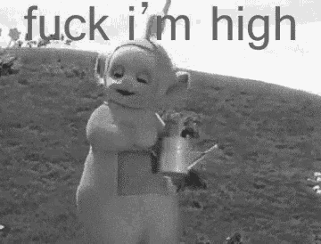 a black and white photo of a cartoon character from teletubbies holding a watering can .