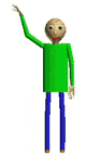 a green and blue cartoon character is waving his hand .