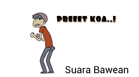 a cartoon of a man standing next to a yellow dog with the words preet koa ! suara bawean on the bottom