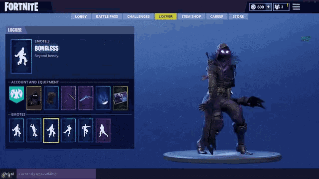 a screenshot of a video game called fortnite showing a character named boneless