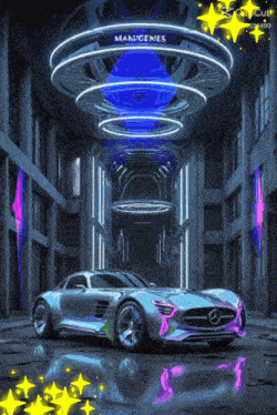 a futuristic car in a building with the words man / genies above it