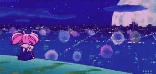 a cartoon character is standing on top of a hill at night looking at a city .