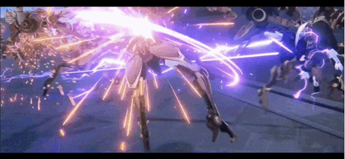 a robot is being attacked by a group of people in a video game with purple lightning coming out of it .