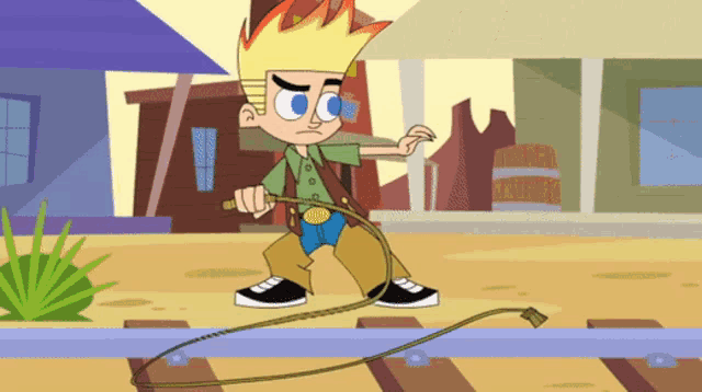 a cartoon character is holding a rope and wearing a belt with the letter o on it