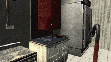 a computer generated image of a kitchen with a pan on the stove and a fridge that says " next step "
