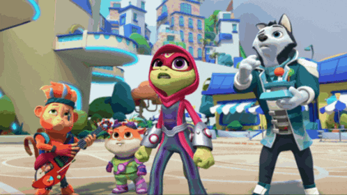 a group of cartoon characters are standing in front of a building