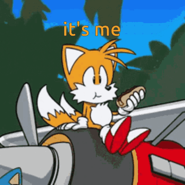 a cartoon of tails eating a hot dog with the words it 's me above him