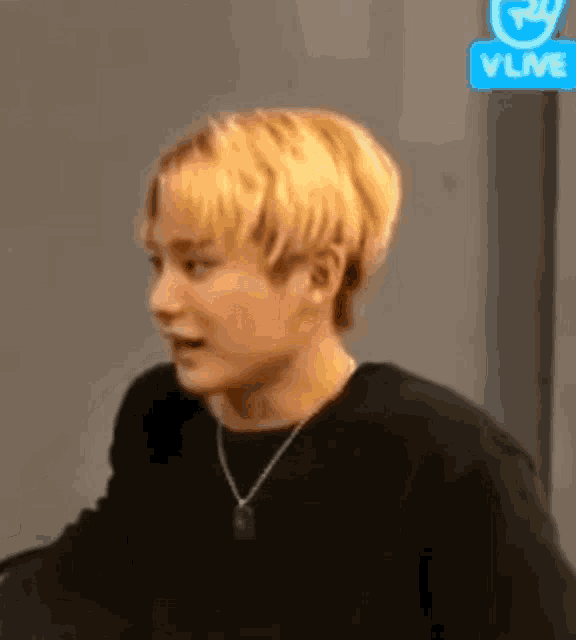 a young man with blonde hair is wearing a black sweater and a silver necklace .
