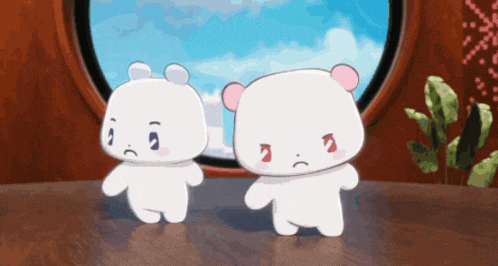 two cartoon bears are standing next to each other and one is sad