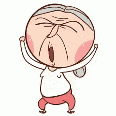 a cartoon illustration of an older woman standing with her arms in the air .