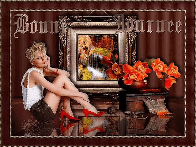 a picture of a woman sitting in front of a framed picture that says " bonne journee "