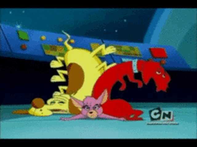 a group of cartoon characters laying on the floor with cn written on the bottom