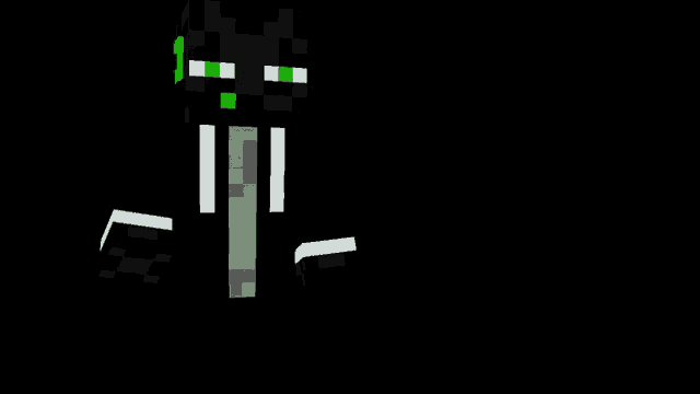 a black cat with green eyes and white stripes on a black background is a minecraft character .
