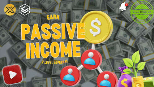 an advertisement for passive income with a pile of money in the background