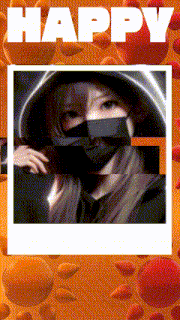 a picture of a girl wearing a mask and a hood with the words happy written above her