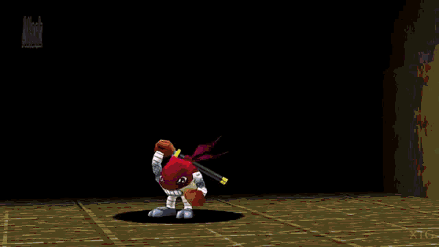 a video game character is standing in a dark room with a purple light surrounding him .