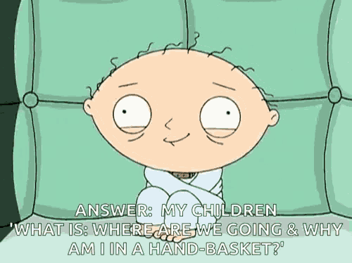 a cartoon character from family guy is sitting on a couch and asking where are we going