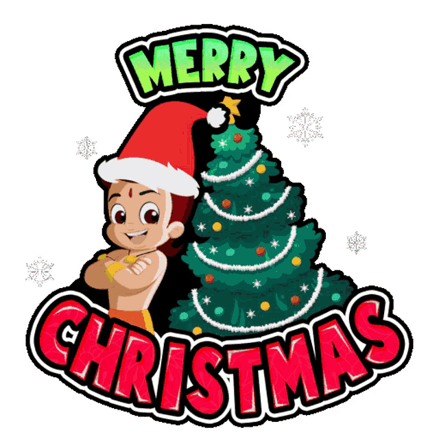 a cartoon character with a santa hat stands next to a christmas tree that says merry christmas