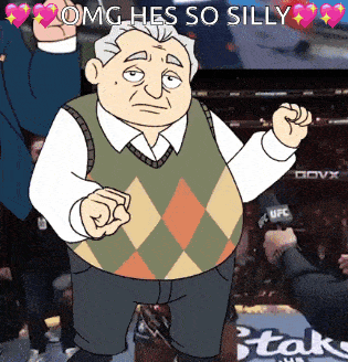 a cartoon of an older man with the words " omg hes so silly " behind him
