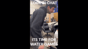 a group of people sitting at a desk with the words lock in chat its time for water games on the bottom