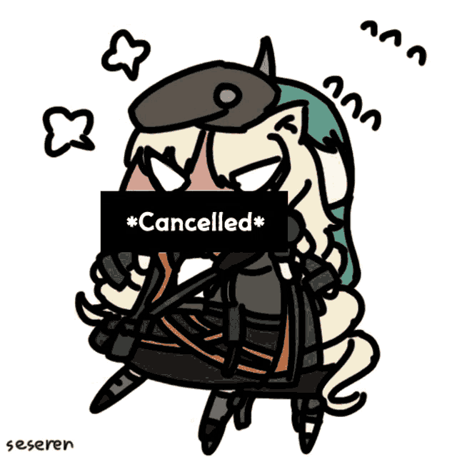 a drawing of a girl with a sign that says cancelled