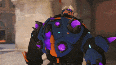 a video game character with purple spikes on his armor