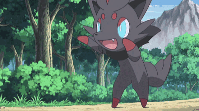 a black and red pokemon with blue eyes is standing on a dirt path in the woods