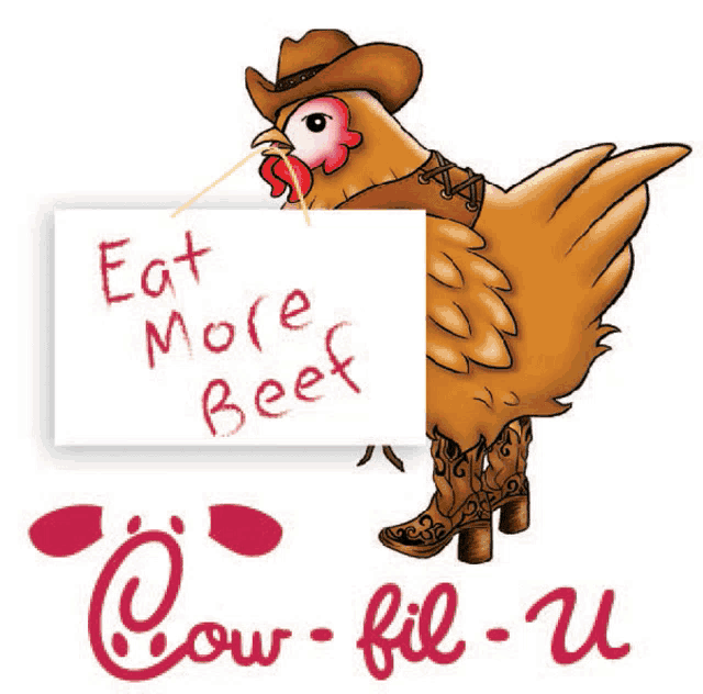 a chicken in a cowboy hat holds a sign that says " eat more beef "