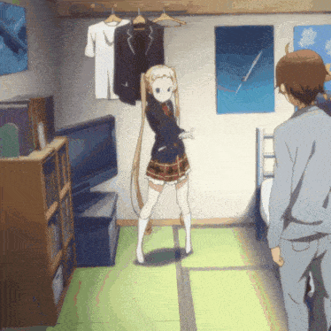 a girl with pigtails is dancing in a room with a man