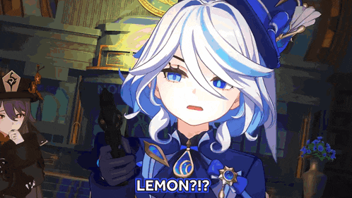 a girl with white hair and blue eyes is holding a gun and asking lemon
