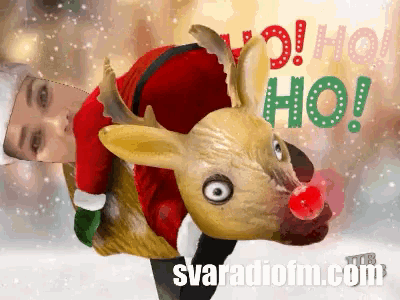 a picture of a person riding a reindeer with the words ho ho ho on it