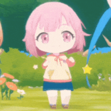 a little girl with pink hair is standing in a field holding a star .