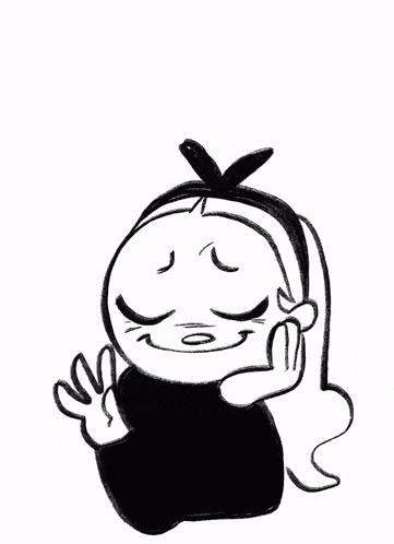 a black and white drawing of a girl with her eyes closed and a bow in her hair