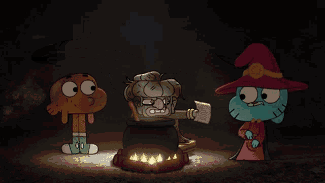 three cartoon characters are standing around a cauldron with a witch stirring it